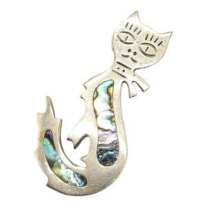 Alpaca Mexico Silver Tone Abalone Cat Brooch Vintage
